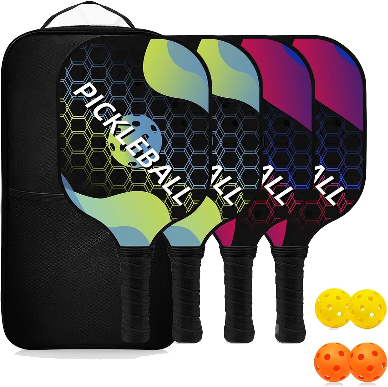 Pickleball Paddles, Pickleball Set Fiberglass Surface and Polymer Honeycomb Core Pickleball Racket Set of 2/4 for Outdoor and Indoor with 1 Carrying Bag, 4 Balls