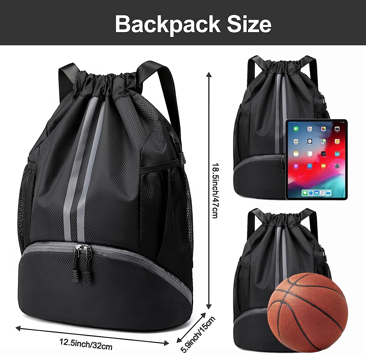 Sports Drawstring Backpack - String Swim Gym Bag with Shoes Compartment and Wet Proof Pocket for Women&Men