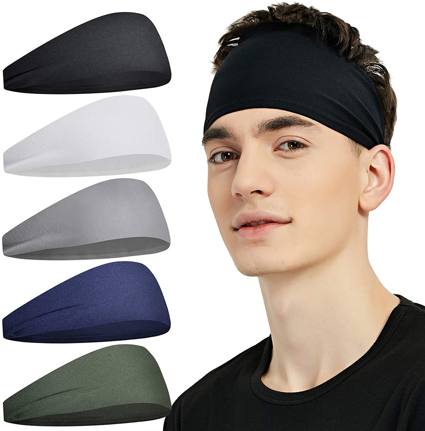 Sports Headbands for Men (5 Pack),Moisture Wicking Workout Headband, Sweatband Headbands for Running,Cycling,Football,Yoga,Hairband for Women and Men