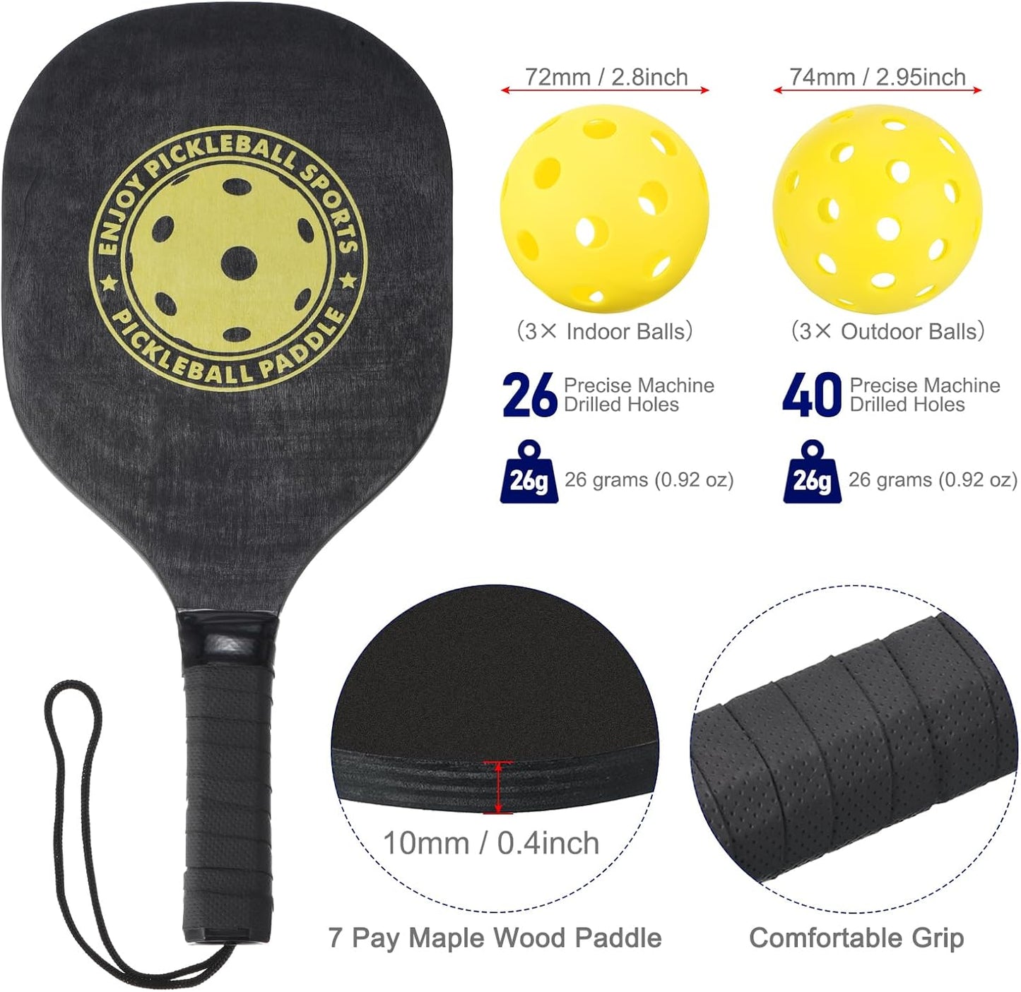 Pickleball Net Set 22FT Regulation Size Portable Net System with 6 Pickleball, 4 Paddles & Carrying Bag for Driveway Backyards Indoor Outdoor, Black