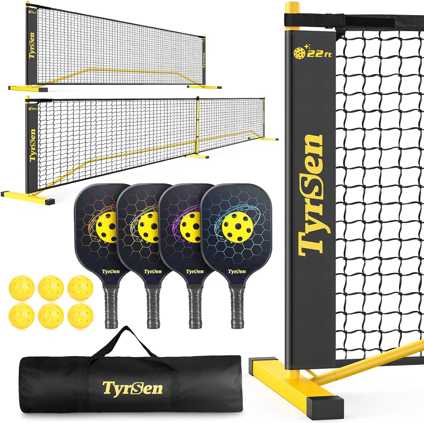 Pickleball Net Set - 22 FT Pickleball Net Regulation Full Size for Driveway Backyard, 4 Pickleball Paddles & 6 Pickle Balls, Portable Pickle Ball Game Net System with Carrying Bag