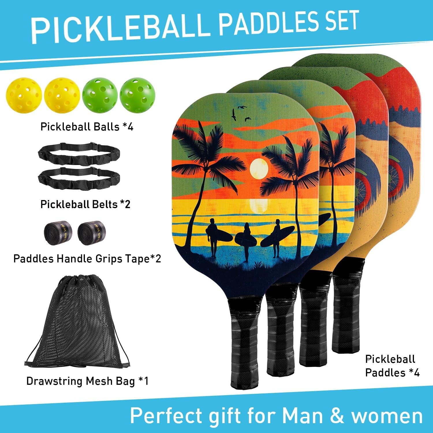 Pickleball Set of 4, Pickleball Paddles Set of 4 with 4 Premium Wood Paddles & 4 Pickleballs & 2 Handle Grips Tape & 2 Pickleball Belts & Carry Bag for Beginners Men Women Adults(New Version)