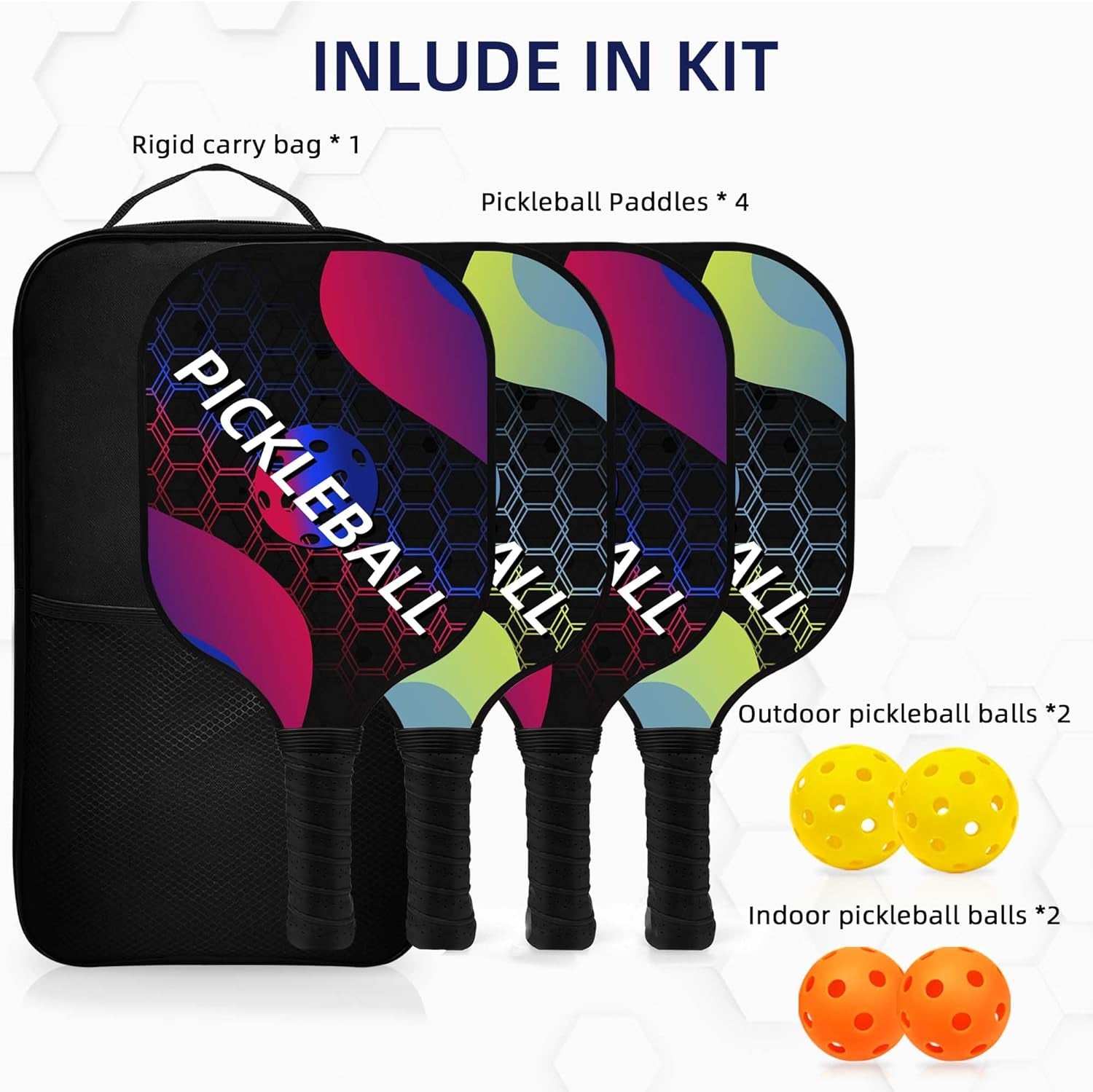 Pickleball Paddles, Pickleball Set Fiberglass Surface and Polymer Honeycomb Core Pickleball Racket Set of 2/4 for Outdoor and Indoor with 1 Carrying Bag, 4 Balls