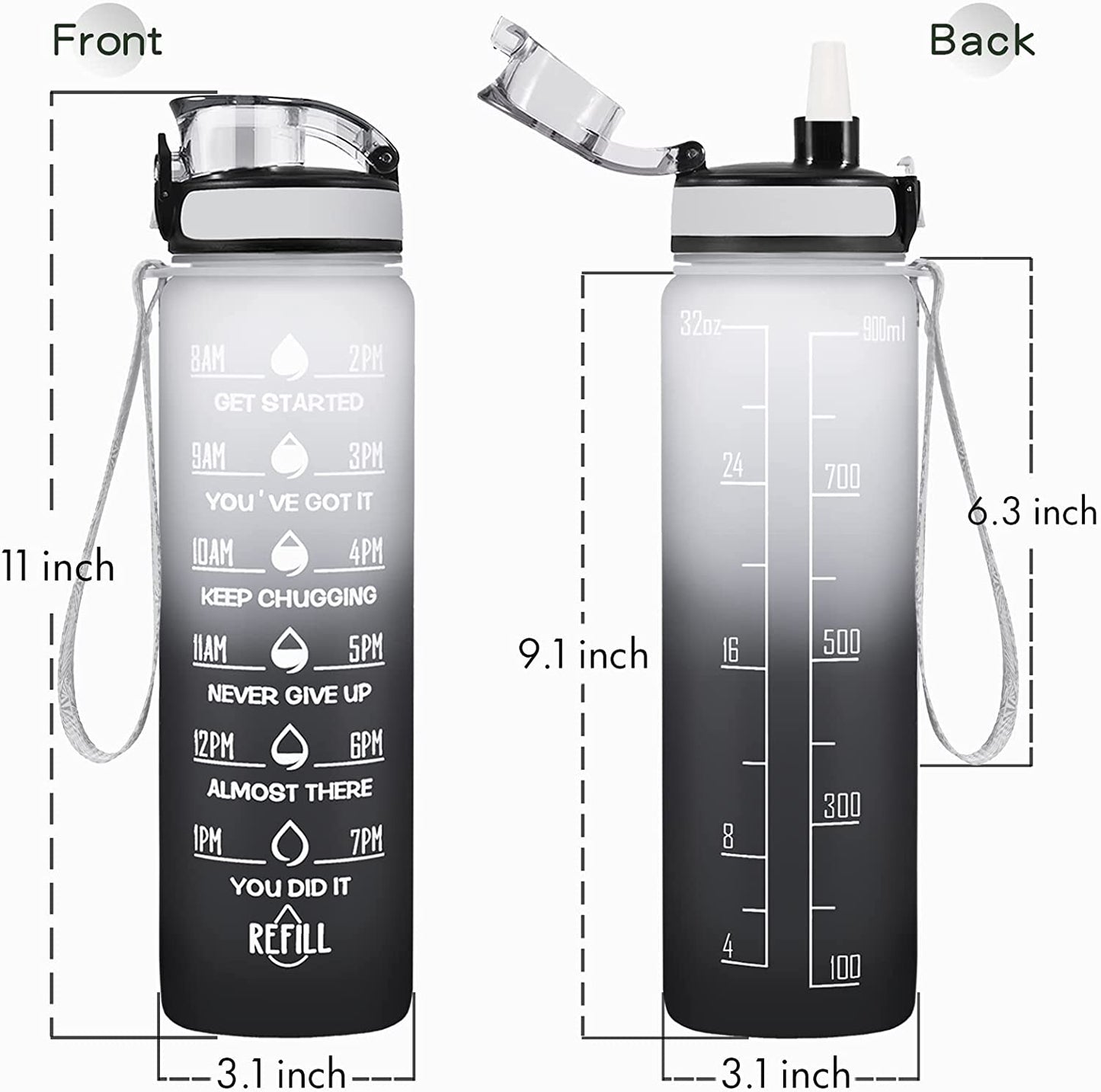 Water Bottle, Leakproof BPA & Toxic Free, Motivational Water Bottle with Times to Drink and Straw, Fitness Sports Water Bottle with Strap for Office, Gym, Outdoor Sports