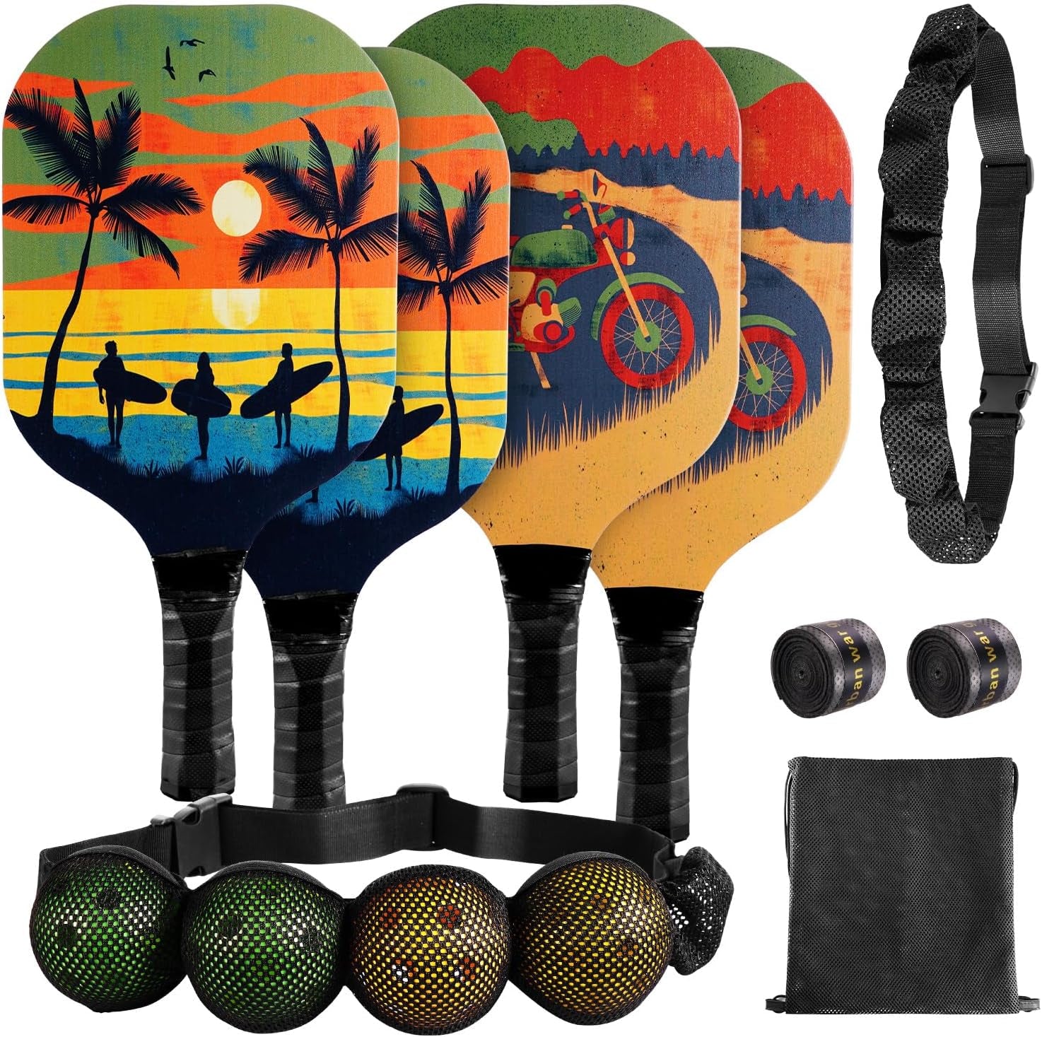 Pickleball Set of 4, Pickleball Paddles Set of 4 with 4 Premium Wood Paddles & 4 Pickleballs & 2 Handle Grips Tape & 2 Pickleball Belts & Carry Bag for Beginners Men Women Adults(New Version)